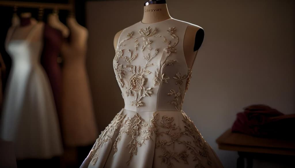 A close-up of an embroidered wedding dress on a mannequin