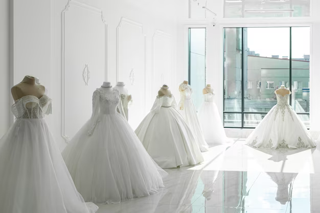 Various wedding dresses on a mannequin in a showroom
