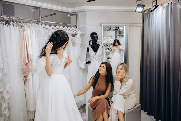 Bride tries on a wedding dress in a bridal salon