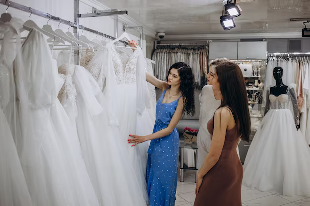 Bride with friends chooses a wedding dress in a boutique