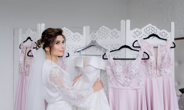 The bride stands next to several dresses