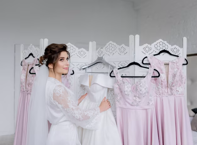 The bride stands next to several dresses