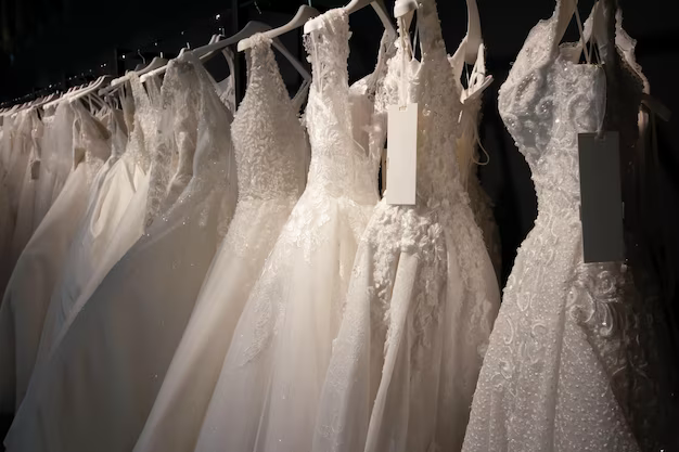 Wedding dresses hanging in a row
