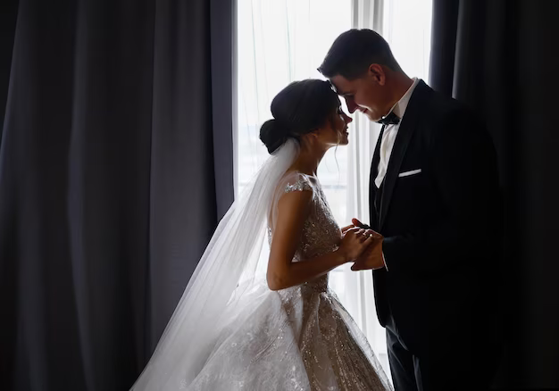 Bride and groom holding hands