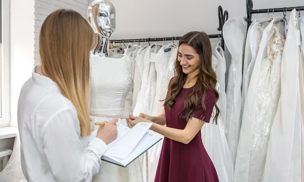 A girl with a notepad in her hands helps in choosing a wedding dress