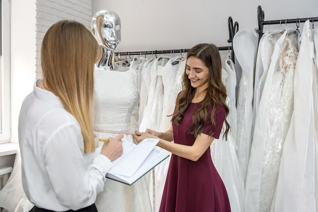 A girl with a notepad in her hands helps in choosing a wedding dress