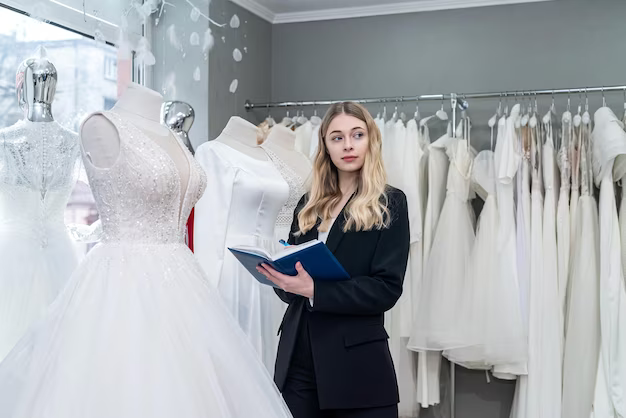Girl with a notepad in her hands among wedding dresses