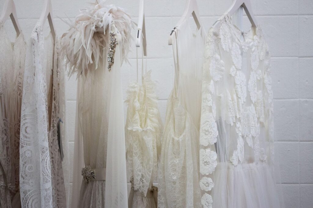 wedding dresses on hangers