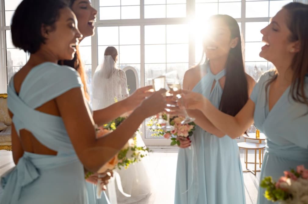 Bridesmaids in blue toasting to the bride in a sunlit room