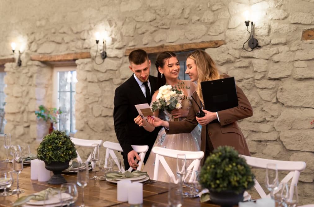 Couple reviews a wedding planner's notes at a rustic table setting