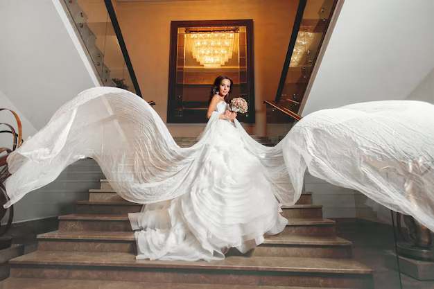Bride in wedding dress on steps indoors