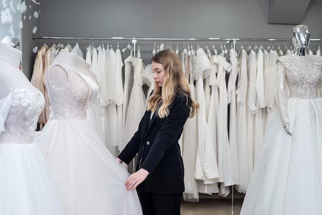 A girl chooses a wedding dress in a store