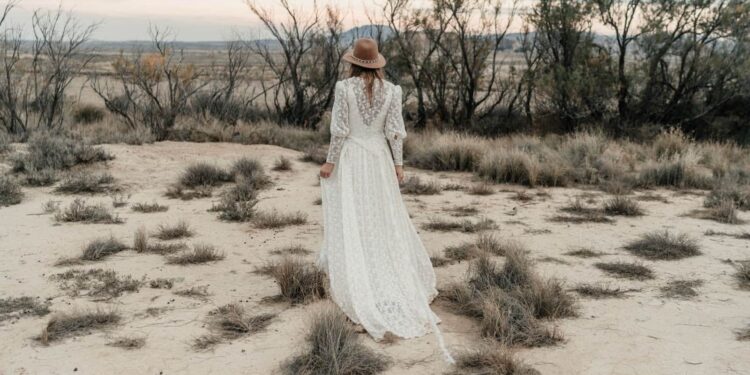 Bride walking in a land with bushes and dry trees at sunset