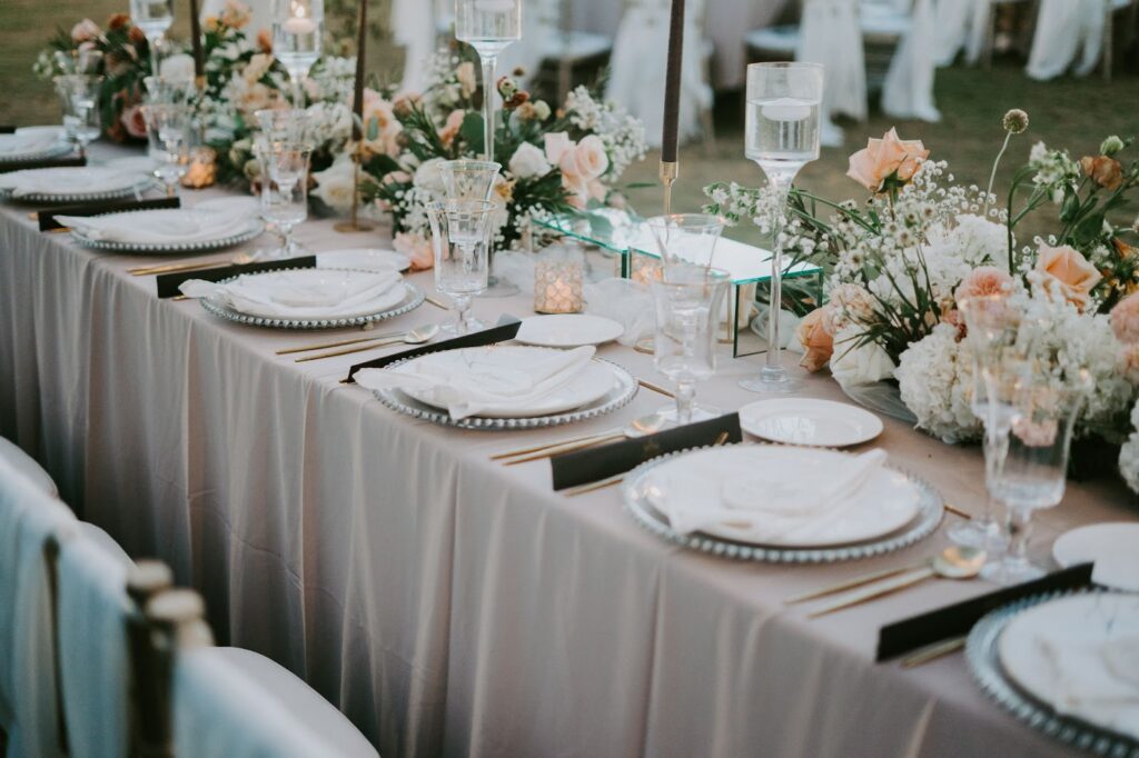 Decorated table setting for a wedding celebration