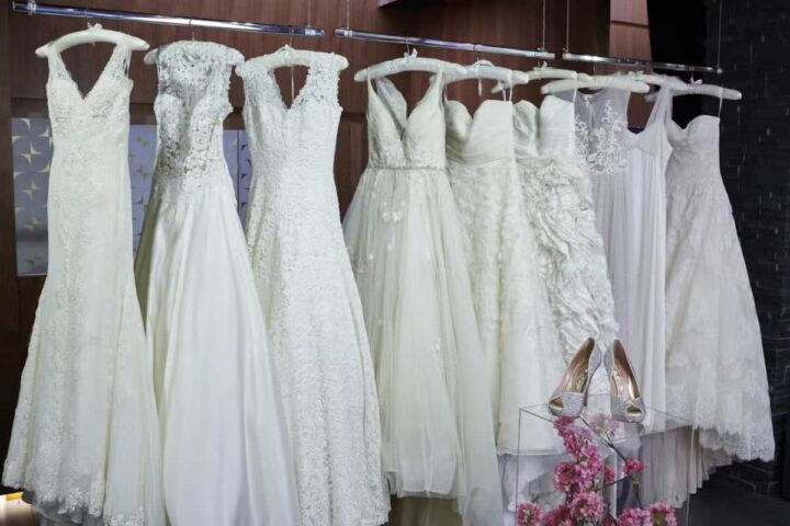 Wedding dresses hanging on the rack