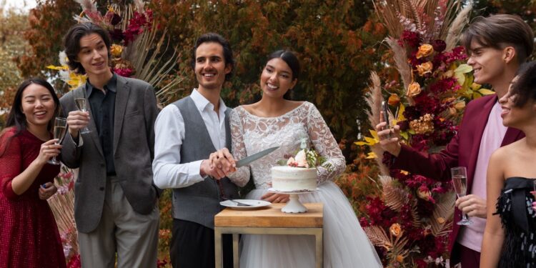 Smiley groom and bride with guests cut wedding cake