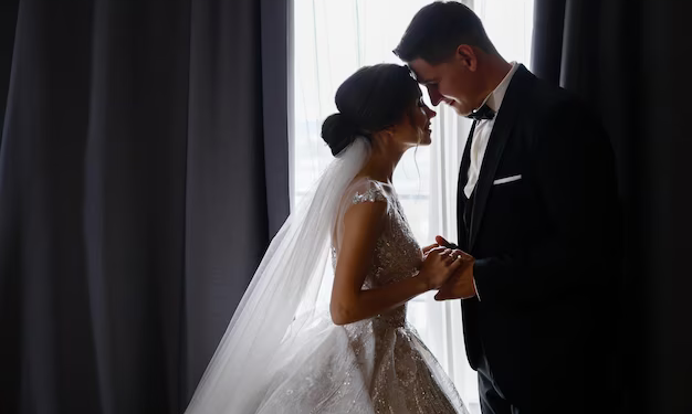 Bride and groom holding hands