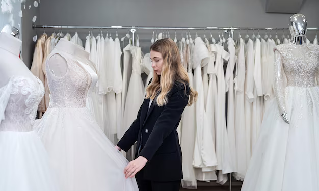 A girl chooses a wedding dress in a store